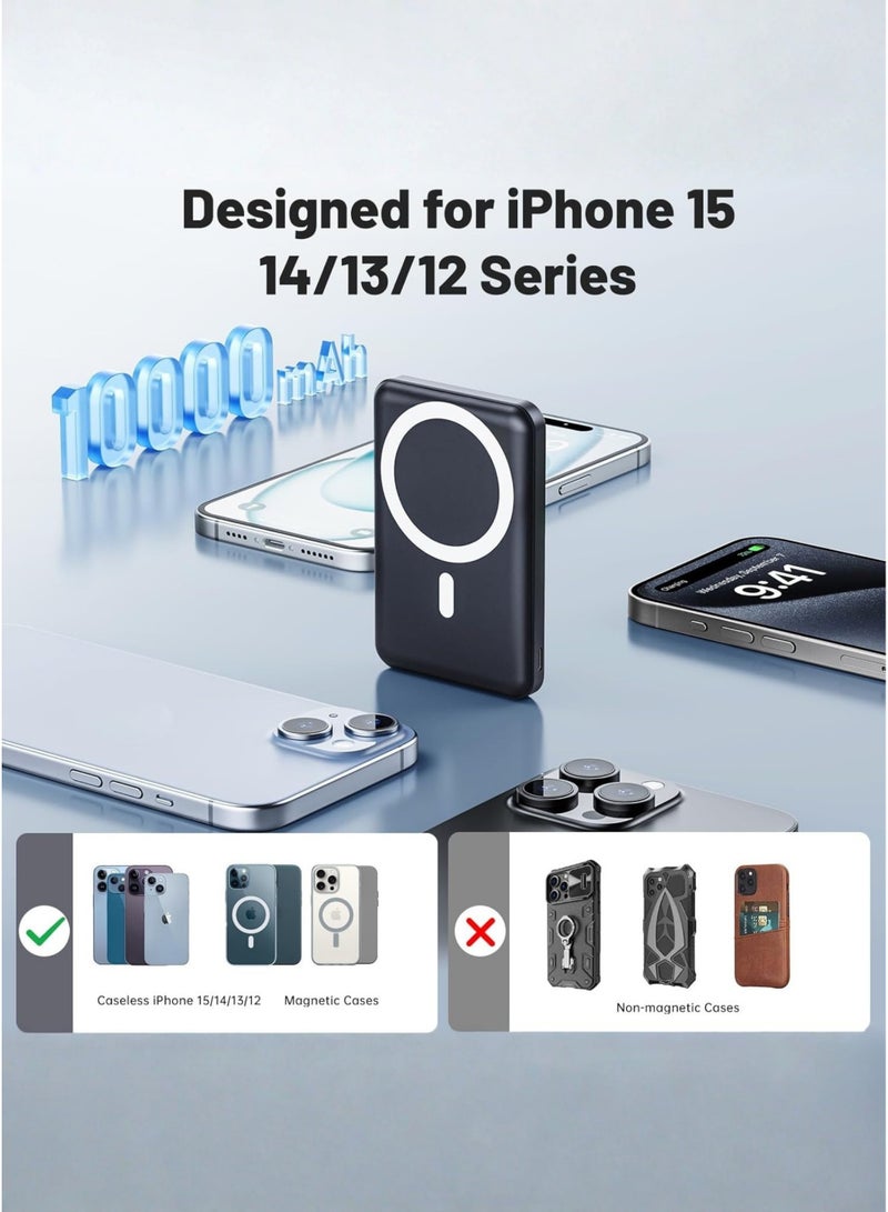 Levino MagSafe Power Bank 10000mAh with Foldable Stand | Dual Type-C & 1 USB Ports | Includes Type-C & Lightning Cables | LED Indicator | Fast Charging for iPhone 15/14/13/12 Series, Samsung Galaxy, Google Pixel & More | Black - Image 2